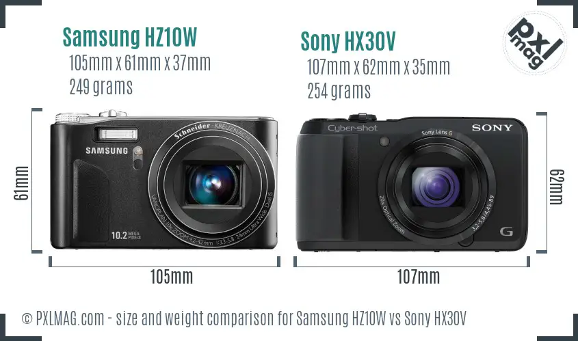 Samsung HZ10W vs Sony HX30V size comparison