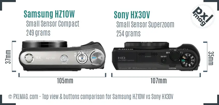 Samsung HZ10W vs Sony HX30V top view buttons comparison