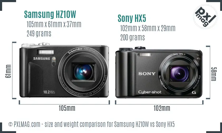 Samsung HZ10W vs Sony HX5 size comparison