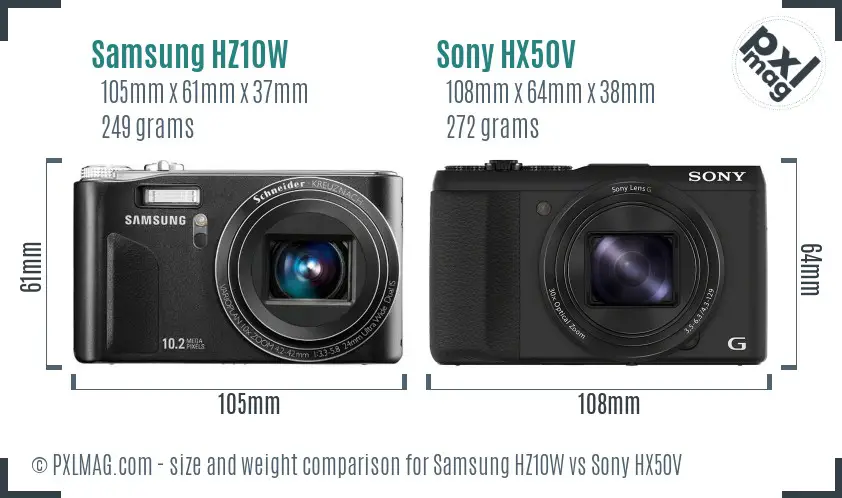 Samsung HZ10W vs Sony HX50V size comparison