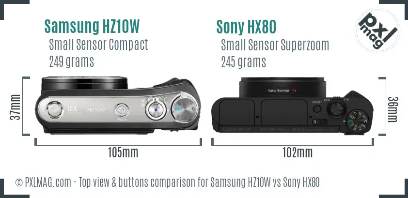 Samsung HZ10W vs Sony HX80 top view buttons comparison