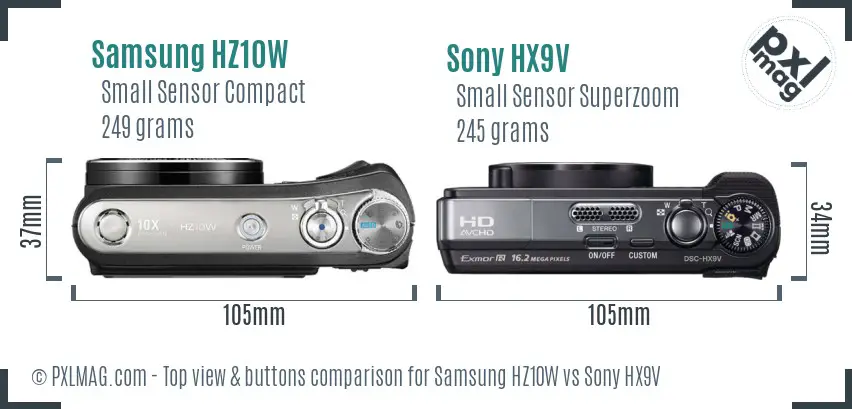 Samsung HZ10W vs Sony HX9V top view buttons comparison