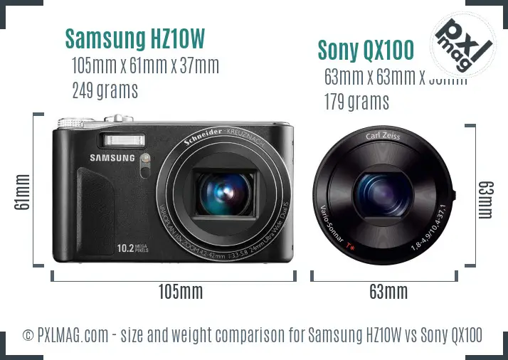 Samsung HZ10W vs Sony QX100 size comparison