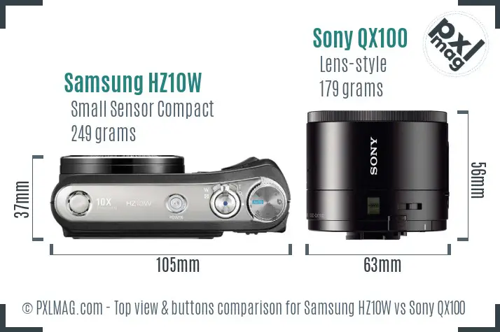 Samsung HZ10W vs Sony QX100 top view buttons comparison