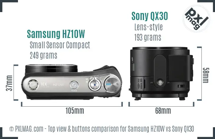 Samsung HZ10W vs Sony QX30 top view buttons comparison