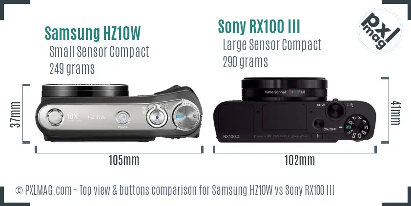 Samsung HZ10W vs Sony RX100 III top view buttons comparison