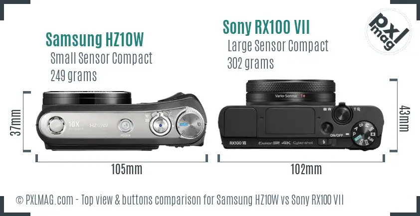 Samsung HZ10W vs Sony RX100 VII top view buttons comparison