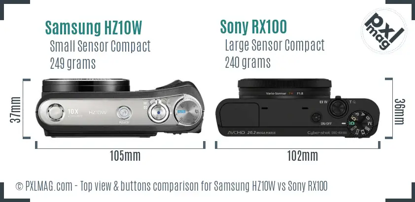 Samsung HZ10W vs Sony RX100 top view buttons comparison