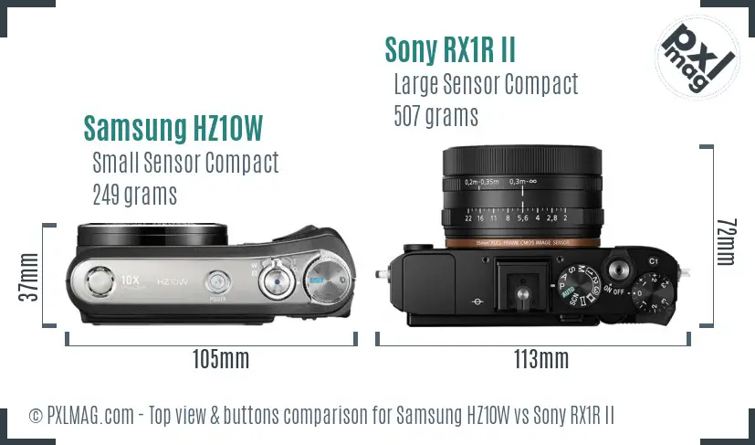Samsung HZ10W vs Sony RX1R II top view buttons comparison