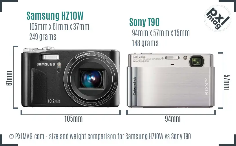 Samsung HZ10W vs Sony T90 size comparison