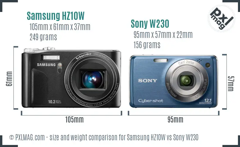 Samsung HZ10W vs Sony W230 size comparison