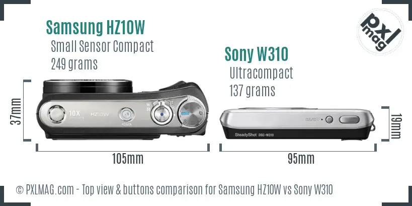 Samsung HZ10W vs Sony W310 top view buttons comparison