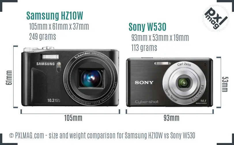 Samsung HZ10W vs Sony W530 size comparison