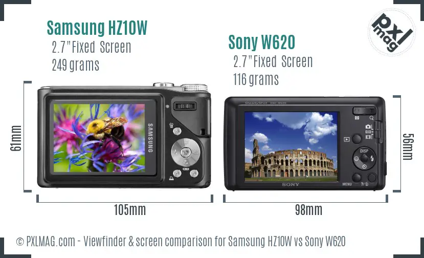 Samsung HZ10W vs Sony W620 Screen and Viewfinder comparison