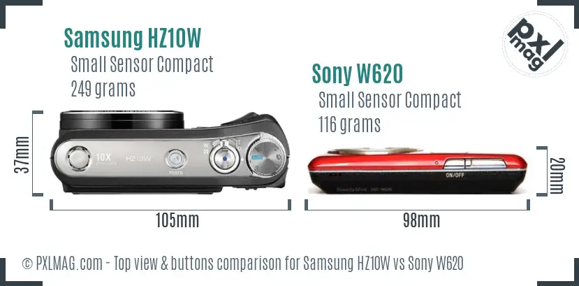 Samsung HZ10W vs Sony W620 top view buttons comparison