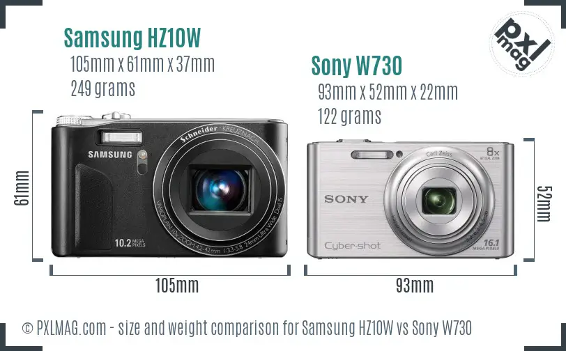 Samsung HZ10W vs Sony W730 size comparison