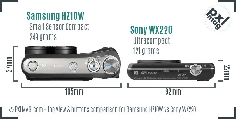 Samsung HZ10W vs Sony WX220 top view buttons comparison