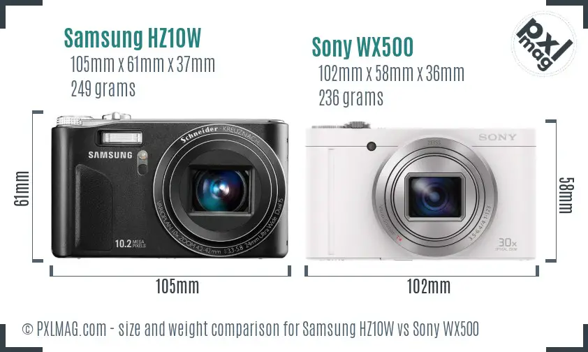 Samsung HZ10W vs Sony WX500 size comparison