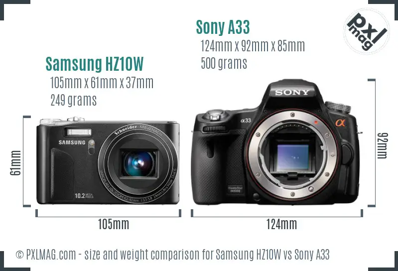 Samsung HZ10W vs Sony A33 size comparison