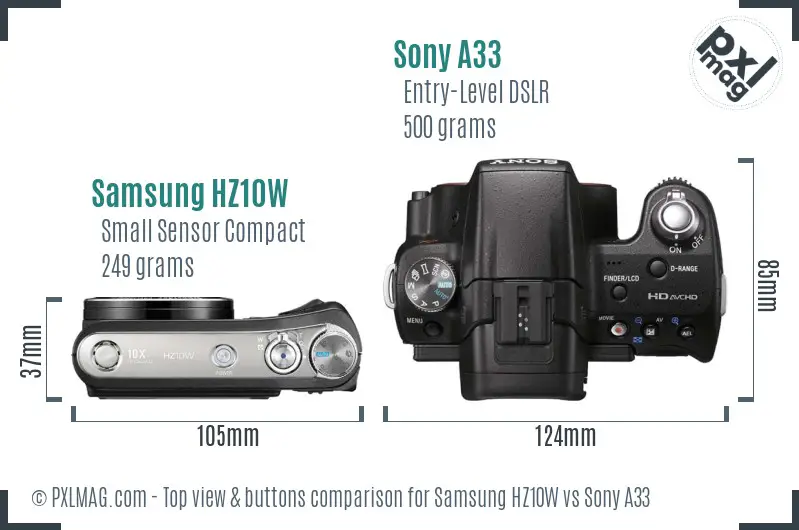 Samsung HZ10W vs Sony A33 top view buttons comparison