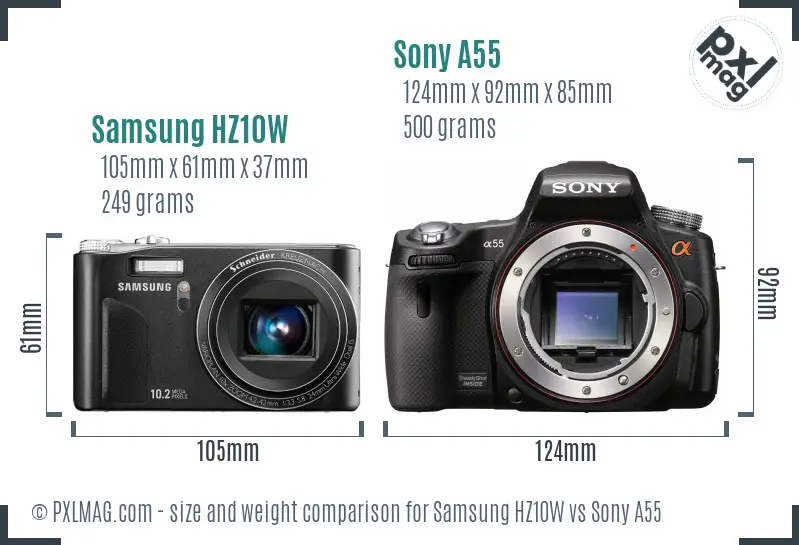 Samsung HZ10W vs Sony A55 size comparison