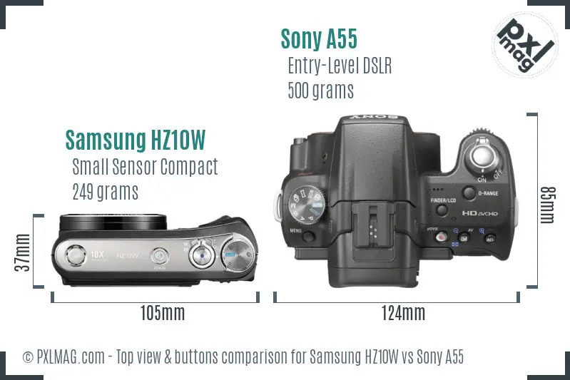 Samsung HZ10W vs Sony A55 top view buttons comparison