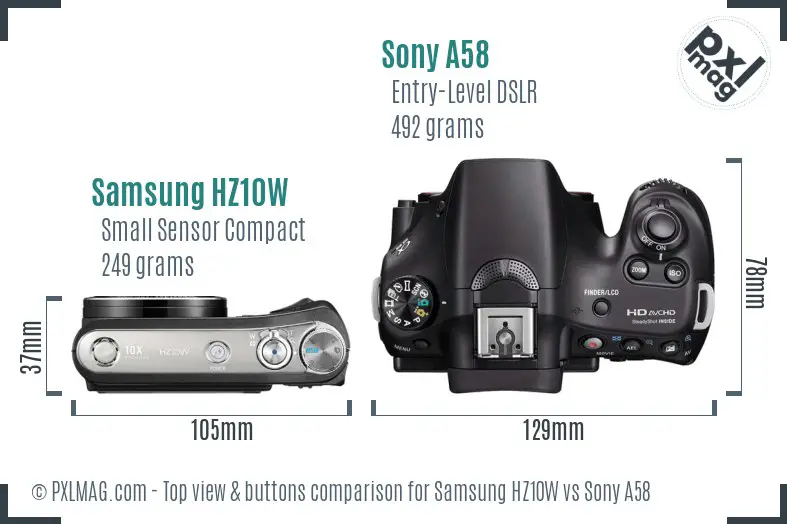 Samsung HZ10W vs Sony A58 top view buttons comparison