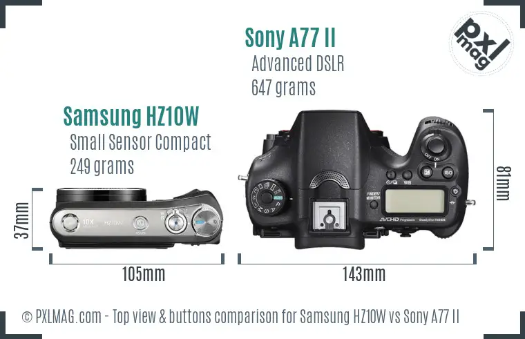Samsung HZ10W vs Sony A77 II top view buttons comparison