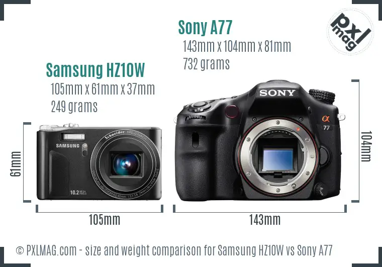 Samsung HZ10W vs Sony A77 size comparison
