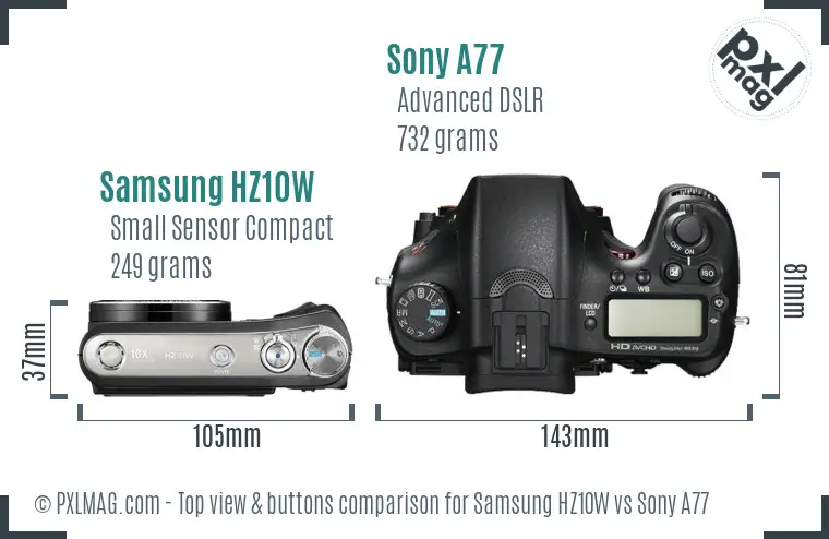 Samsung HZ10W vs Sony A77 top view buttons comparison