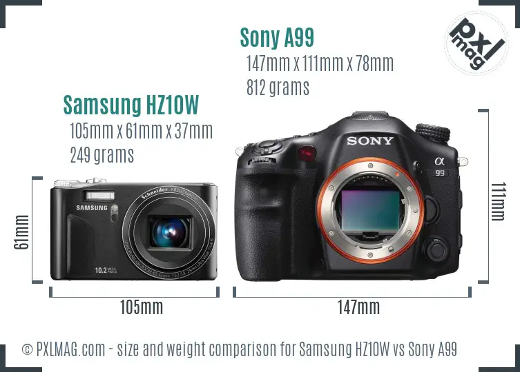 Samsung HZ10W vs Sony A99 size comparison