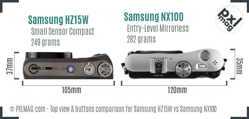 Samsung HZ15W vs Samsung NX100 top view buttons comparison