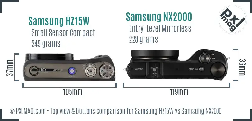 Samsung HZ15W vs Samsung NX2000 top view buttons comparison