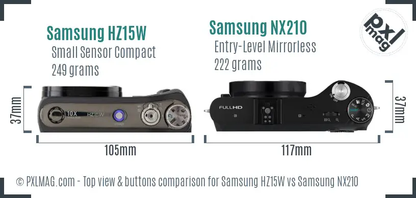 Samsung HZ15W vs Samsung NX210 top view buttons comparison