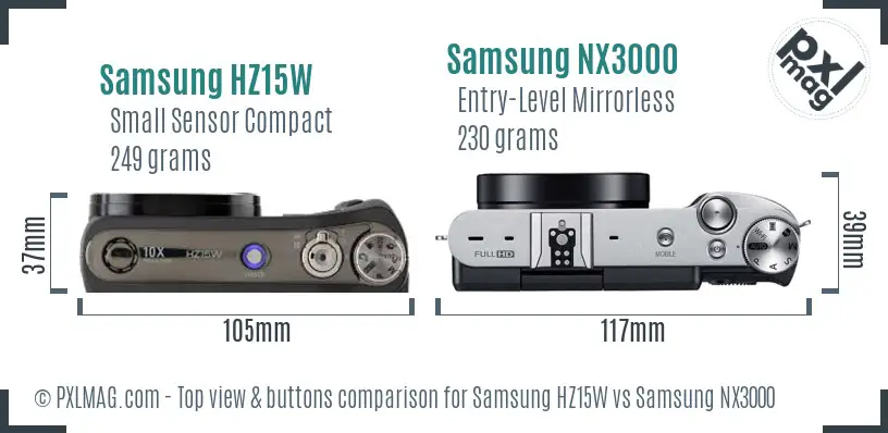 Samsung HZ15W vs Samsung NX3000 top view buttons comparison