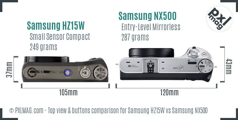 Samsung HZ15W vs Samsung NX500 top view buttons comparison