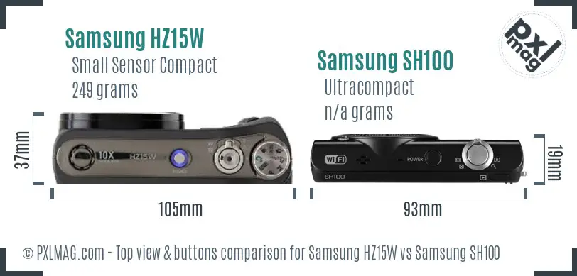 Samsung HZ15W vs Samsung SH100 top view buttons comparison Samsung HZ15W vs Samsung SH100 top view buttons comparison