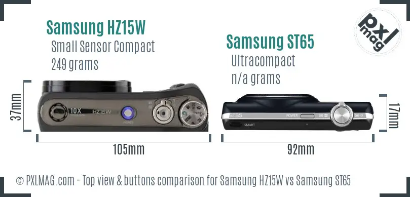 Samsung HZ15W vs Samsung ST65 top view buttons comparison Samsung HZ15W vs Samsung ST65 top view buttons comparison
