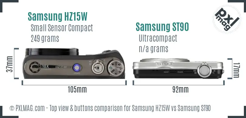 Samsung HZ15W vs Samsung ST90 top view buttons comparison Samsung HZ15W vs Samsung ST90 top view buttons comparison