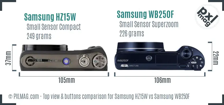 Samsung HZ15W vs Samsung WB250F top view buttons comparison