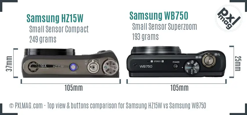 Samsung HZ15W vs Samsung WB750 top view buttons comparison