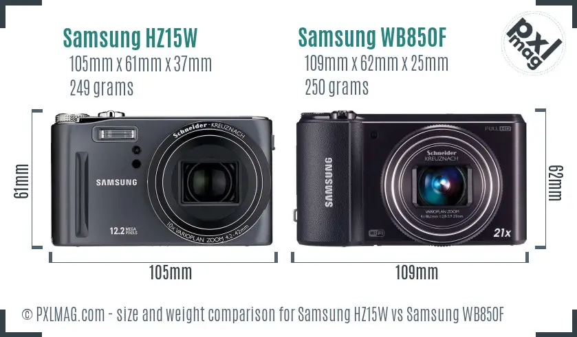 Samsung HZ15W vs Samsung WB850F size comparison