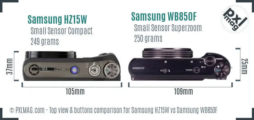 Samsung HZ15W vs Samsung WB850F top view buttons comparison