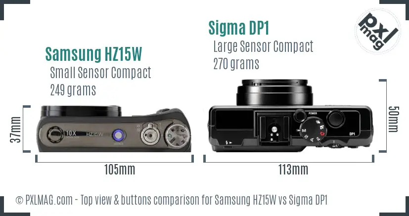 Samsung HZ15W vs Sigma DP1 top view buttons comparison