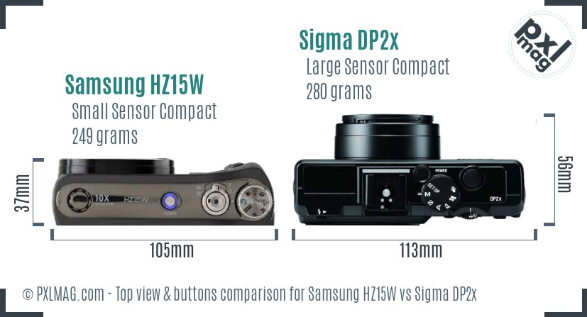 Samsung HZ15W vs Sigma DP2x top view buttons comparison