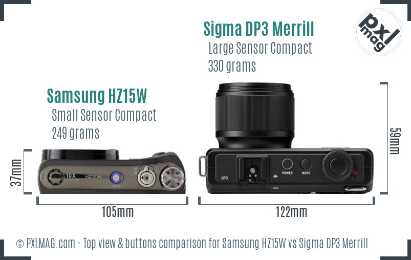 Samsung HZ15W vs Sigma DP3 Merrill top view buttons comparison