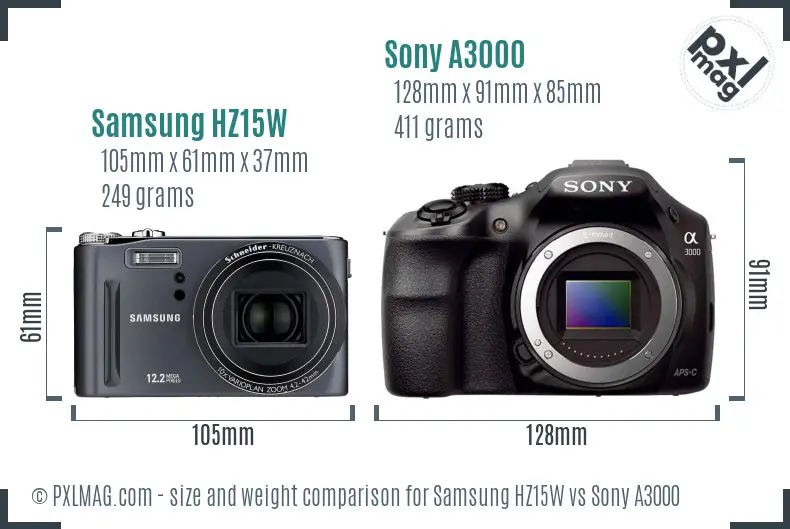 Samsung HZ15W vs Sony A3000 size comparison