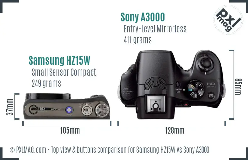 Samsung HZ15W vs Sony A3000 top view buttons comparison