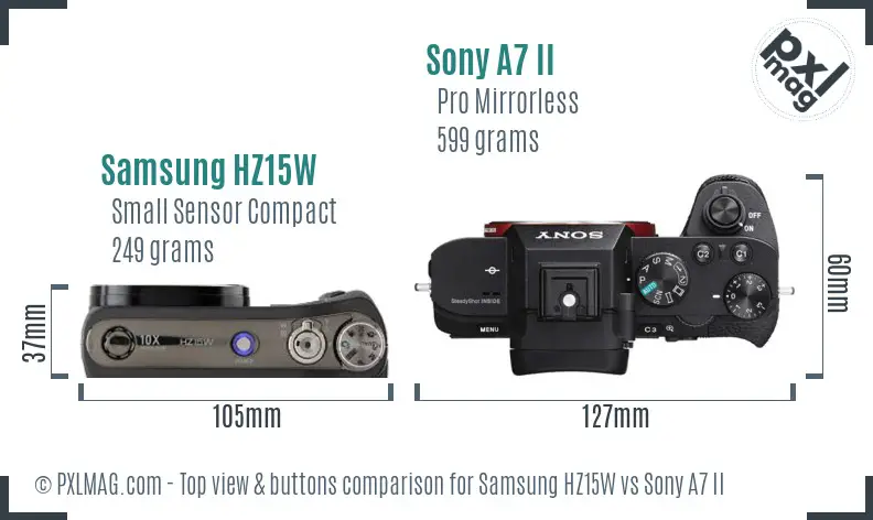 Samsung HZ15W vs Sony A7 II top view buttons comparison
