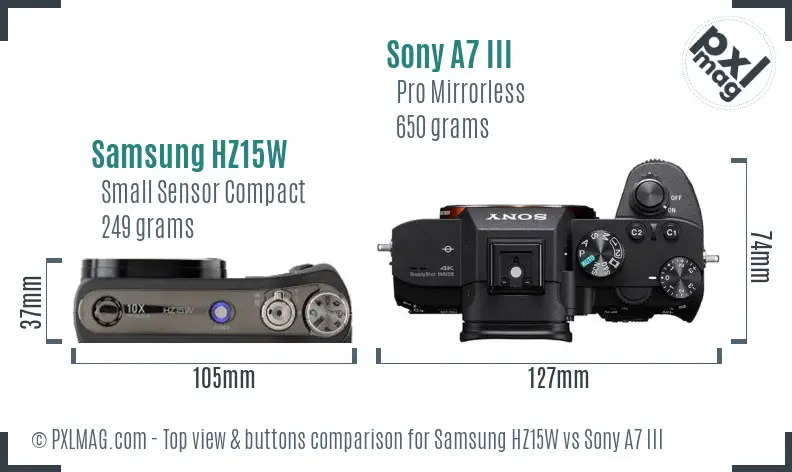 Samsung HZ15W vs Sony A7 III top view buttons comparison